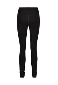 Schwarze Leggings aus einem glatten, dehnbaren Stoff, mit hohem Bund und gerafftem Detail am Knöchel. Einfaches und figurbetontes Design.