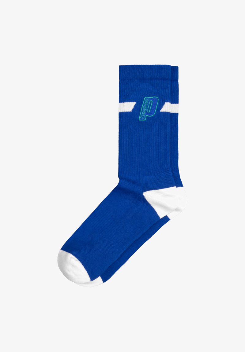 Blaue Sportsocke mit weißen Akzenten und grünem Logo. Verfügt über ein geripptes Material, ist knöchellang und hat eine verstärkte Ferse und Zehen.