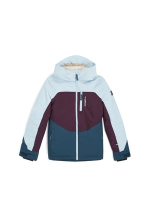 Veste de ski en bleu clair, bordeaux et vert foncé. Elle comprend une capuche, une fermeture éclair intégrale et deux poches latérales avec doublure intérieure.