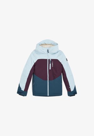 Ski jacket in light blue, burgundy, and dark teal. Features a hood, full zipper, and two side pockets with interior lining.