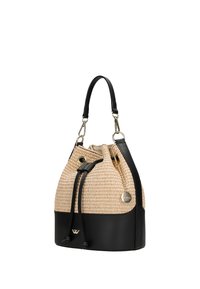 Borsa a secchiello realizzata in materiale naturale intrecciato e pelle nera. Presenta una chiusura con coulisse, accessori in metallo dorato e un'etichetta logo rotonda.