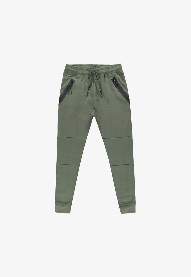 Olive green jogger pants made of soft fabric, featuring black zipper pockets, an elastic waistband with drawstring, and ribbed cuffs.