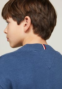 Pullover blu lavorato a maglia con un colletto a coste e un accento rosso, bianco e blu sul retro. Texture liscia e design aderente.
