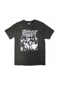 Dark gray cotton t-shirt featuring a white graphic print of a band with varying facial features and limbs, round neck, and short sleeves.