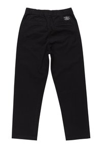 Svarta, lätta byxor med elastisk midja, två bakfickor och rak bendesign. Slät textur, inga synliga mönster.