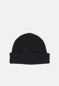 Berretto lavorato a maglia nero con risvolto, caratterizzato da una texture a coste e una parte superiore appuntita. Realizzato in materiale morbido e elasticizzato.