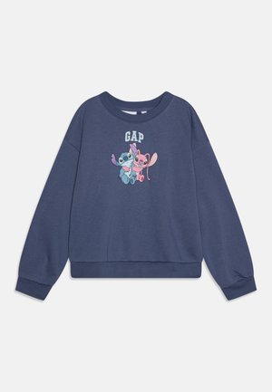 Marineblaue Sweatshirt mit Rundhalsausschnitt, das ein buntes Grafikdesign von zwei Cartoonfiguren und dem Wort "GAP" über ihnen zeigt.