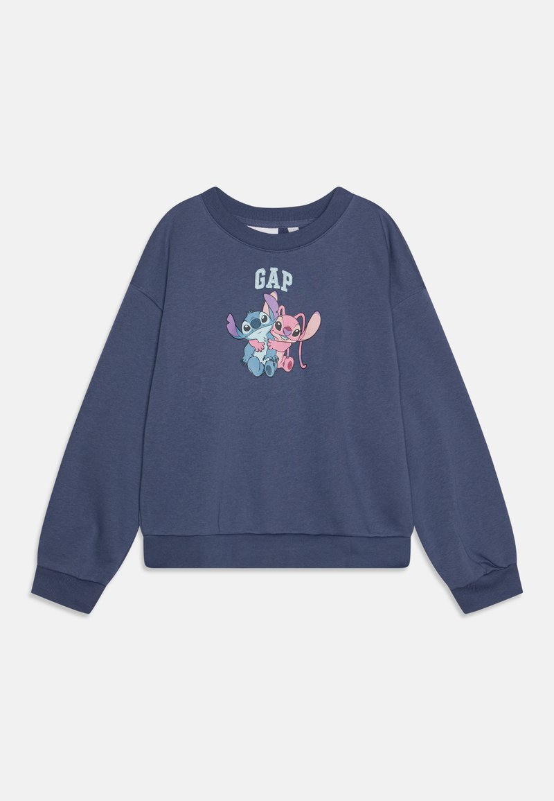Felpa blu navy con collo rotondo, caratterizzata da una grafica colorata di due personaggi dei cartoni animati e la parola "GAP" sopra di essi.