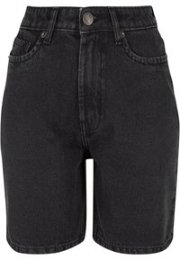 Pantalones cortos de mezclilla negra con una cinturilla alta, cinco bolsillos y cierre de botón metálico. La tela tiene una ligera textura y un desvanecimiento mínimo.