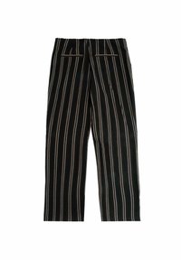 Gestreepte broek gemaakt van een lichtgewicht stof, met een zwarte basis en verticale witte en bruine strepen, en twee achterzakken.