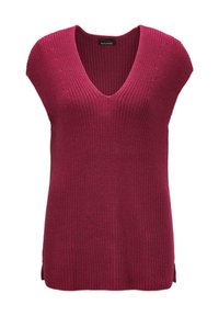 Dieproze V-hals gebreide top met korte mouwen, gestructureerde stof en zijsplitten aan de onderrand voor extra detail.