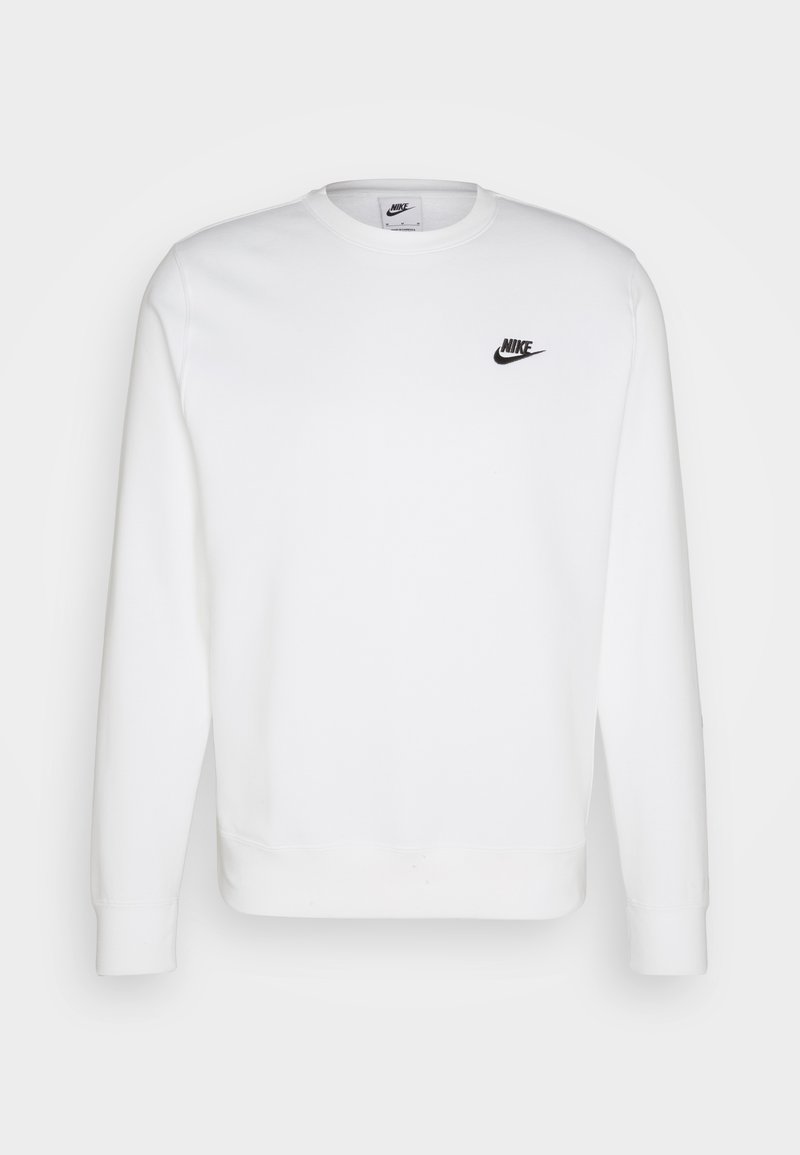 Sudadera blanca de algodón con mangas largas, cuello redondo y logo negro de Nike en el lado izquierdo del pecho. Textura suave con puños acanalados.