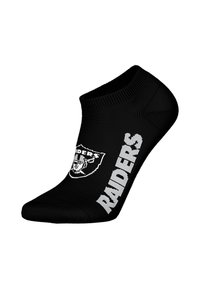 Black ankle sock made of stretchy material featuring a white "Raiders" text and logo. Smooth texture with a fitted design for comfort.