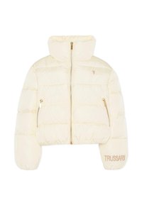 Geknipte pufferjack in lichtcrème met een hoge kraag, gouden ritssluiting, dubbele zijzakken en geborduurd "TRUSSARDI" logo in goud op de mouw.