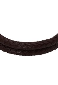 Braccialetto in pelle intrecciata di colore marrone scuro, con una superficie texturizzata caratterizzata da un design intrecciato e bordi lisci.