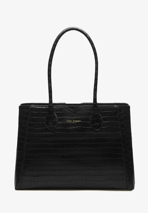 Sac fourre-tout noir en cuir à motif crocodile avec des poignées rondes doubles, de forme carrée et des détails en logo doré à l'extérieur. Texture lisse.