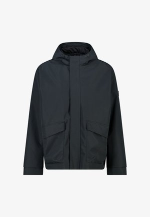 Zwarte waterdichte jas met capuchon, ritssluiting aan de voorkant en twee grote klepzakken. Soepele textuur met een losse pasvorm en elastische manchetten.