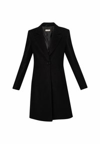 Cappotto in misto lana nero con maniche lunghe, revers a punta, chiusura con un bottone singolo e due tasche laterali. Fodera liscia visibile all'interno.