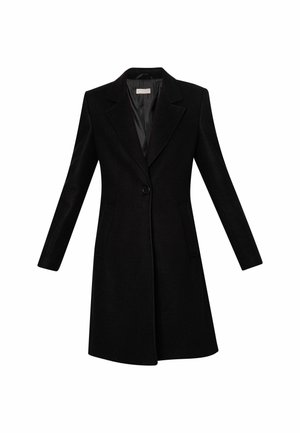 Cappotto in misto lana nero con maniche lunghe, revers a punta, chiusura con un bottone singolo e due tasche laterali. Fodera liscia visibile all'interno.