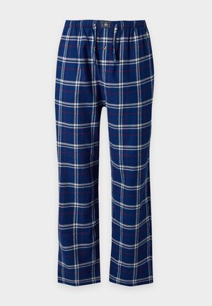 Pantalon de pyjama en flanelle à carreaux bleu et blanc avec des accents rouges, taille élastique et braguette à boutons à l'avant.