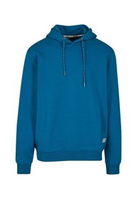 Teal hoodie made of soft cotton, featuring a drawstring hood, ribbed cuffs, and a front pocket. Smooth texture with a classic fit.