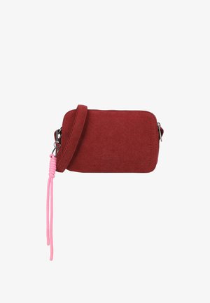 Red suede crossbody bag with a zipper closure, contrasting pink cord strap, and smooth surface. Compact rectangular shape.