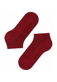 Bordowe skarpetki do kostek wykonane z miękkiego, elastycznego materiału, z prążkowanymi ściągaczami i gładką teksturą. Posiadają minimalne logo z jednej strony.