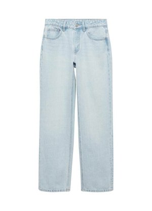 Light blue denim jeans with a straight cut, five-pocket design, button fly, and minimal stitching details. Soft texture and casual look.