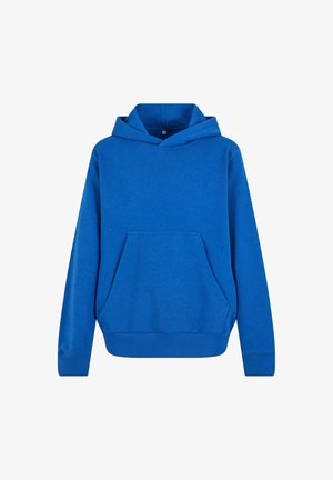 Blue cotton hoodie with a front pocket, long sleeves, and a hood. Features a ribbed hem and cuffs, smooth texture, and a simple design.