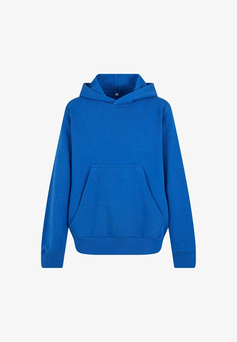 Sudadera de algodón azul con un bolsillo frontal, mangas largas y capucha. Presenta un dobladillo y puños acanalados, textura suave y un diseño simple.
