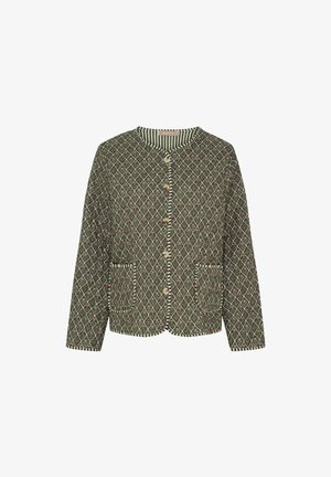 Grøn jakke med pink blomsterdiamantmønster, stribet kant, frontknapper, rund halsudskæring og to forreste påsyede lommer.