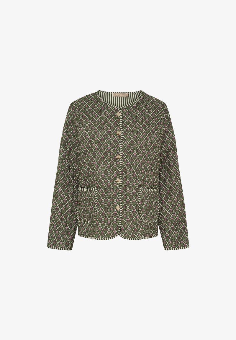 Grøn jakke med pink blomsterdiamantmønster, stribet kant, frontknapper, rund halsudskæring og to forreste påsyede lommer.