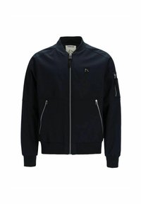 Giacca bomber navy con zip frontale, tasche laterali, polsini e orlo a coste. Presenta un piccolo logo ricamato sul petto sinistro. Tessuto liscio.