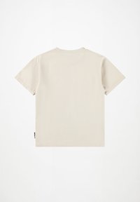 Jasno beżowy t-shirt z krótkim rękawem wykonany z bawełny. Posiada okrągły dekolt i małą metkę na dolnym boku. Gładka tekstura.