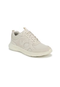 Beige Sport Schuh mit einem Obermaterial aus Mesh und Suede-Akzenten. Verfügt über eine Schnürung und eine gepolsterte Sohle. Auffälliges texturiertes Detail an den Seiten.
