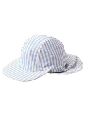 Lyseblå og hvidstribet solhat med bred skygge og stofklap til nakkebeskyttelse.