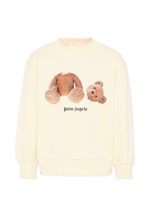 Felpa color crema con grafica di un orsacchiotto smontato e testo "Palm Angels" centrato sotto il disegno dell'orsacchiotto.
