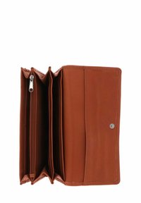 Portefeuille en cuir marron avec plusieurs compartiments, une poche zippée et une fermeture à bouton-pression. Présente une texture lisse et un design épuré.