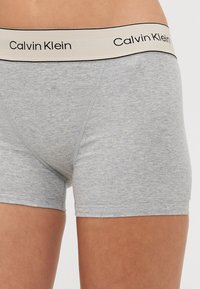 Sivi pamučni bokserice s crnim i kremastim tušem logotipa Calvin Klein. Tkanina ima suptilnu heathered teksturu.