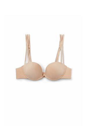 Piersiowy biustonosz w kolorze cielistym z fiszbinami, z podwójnymi regulowanymi ramiączkami i gładkim wykończeniem na białym tle.