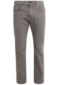 Pantalones casuales de corte recto para hombre en gris sólido, con bolsillos delanteros, trabillas para cinturón y cierre de botón.