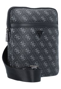 Black synthetic crossbody bag with embossed logo pattern, adjustable strap, zip closure, and triangular logo accent.