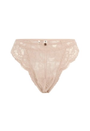 Kant onderbroek in lichtbeige, met bloemenpatronen en golvende randen. Inclusief een kleine decoratieve knop aan de voorkant. Grootte S.