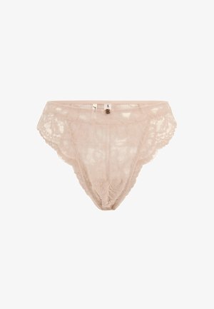 Kant onderbroek in lichtbeige, met bloemenpatronen en golvende randen. Inclusief een kleine decoratieve knop aan de voorkant. Grootte S.