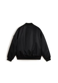 Black bomber jacket with a smooth finish, elastic cuffs and waistband, and a zippered pocket on the left sleeve. Simple, unadorned design.