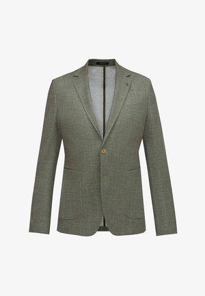 Szary, teksturowany marynarka z wyciętymi klapami, jednym guzikowym zapięciem i dwiema przednimi kieszeniami. Posiada gładką podszewkę i subtelne akcenty stębnowania.