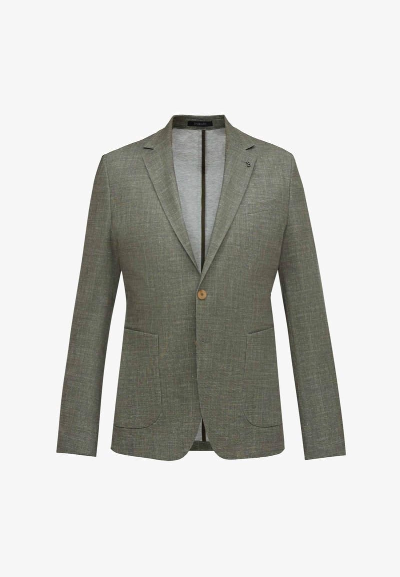 Szary, teksturowany marynarka z wyciętymi klapami, jednym guzikowym zapięciem i dwiema przednimi kieszeniami. Posiada gładką podszewkę i subtelne akcenty stębnowania.