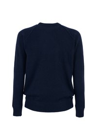 Marineblauwe gebreide trui met geribbelde manchetten en zoom, voorzien van een ronde hals en raglanmouwen, gemaakt van een zachte, gestructureerde stof.