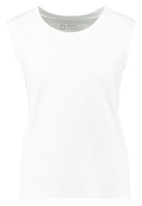 Biała bezrękawnik wykonana z miękkiego materiału, z okrągłym dekoltem i gładką fakturą. Prosty fason, bez wzorów i akcentów.