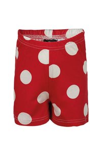 Red children's shorts with large white polka dots and an elastic waistband on a white background.